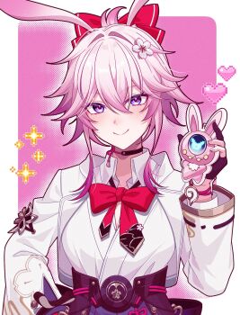  1girl animal_ears bow charm_(object) cherry_blossom_print choker collared_shirt commentary_request evanescia_(honkai:_star_rail) floral_print flower gloves hair_between_eyes hair_flower hair_ornament heart highres holding honkai:_star_rail honkai_(series) jacket japanese_clothes light_blush looking_at_viewer open_clothes open_jacket pink_hair pochimaru_(marumaru_wanwan) purple_eyes rabbit_ears shirt short_hair sidelocks smile sparkle 