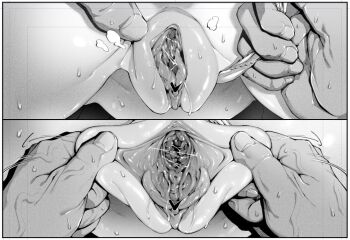  1girl 1other censored clitoris close-up clothing_aside commentary heart heart_censor long_labia motion_lines original panties panties_aside pov pov_hands pussy pussy_focus pussy_juice pussy_juice_trail spread_pussy sweat underwear urethra warabite 