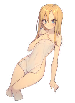 1girl blonde_hair blue_eyes blush breasts commentary_request covered_navel covering_privates cropped_legs everyntrge expressionless long_hair looking_down naked_towel nude_cover original simple_background small_breasts solo thigh_gap towel wet white_background rating:Sensitive score:148 user:danbooru
