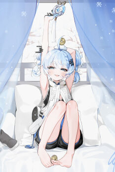 1girl :d absurdres ahoge arms_up bare_legs barefoot black_gloves black_shorts blue_eyes blue_hair blush boots coin curtains full_body gloves highres indoors knees_up loli looking_at_viewer on_bed open_mouth pillow shorts silver_(chenwen) sitting smile solo unworn_boots wuthering_waves youhu_(wuthering_waves) rating:Sensitive score:29 user:danbooru