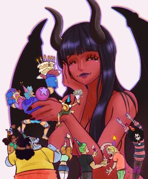  2girls 6+boys afro antlers big_nose birthday birthday_cake blue_skin bouquet brook_(one_piece) cake colored_skin dark-skinned_male dark_skin demon_girl demon_horns demonio_fleur dinosaurjonesmd fangs flower food fork franky_(one_piece) giant giantess green_hair hat highres holding holding_bouquet horns jinbe_(one_piece) long_nose mechanical_arms mechanical_legs monkey_d._luffy multiple_boys multiple_girls nami_(one_piece) nico_robin one_piece orange_hair party_hat red_skin reindeer_antlers reindeer_boy roronoa_zoro sanji_(one_piece) sharp_teeth skeleton smile tearing_up teeth tony_tony_chopper tusks usopp 