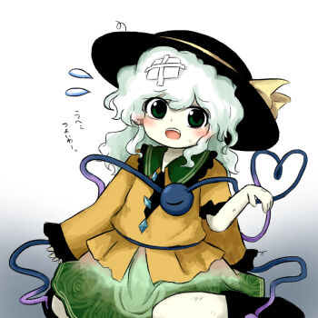  1girl black_hat blush commentary_request contrast_collar gradient_background green_eyes green_hair green_skirt hair_between_eyes hat hat_ribbon heripantomorrow komeiji_koishi long_sleeves open_mouth ribbon shirt skirt solo teeth third_eye tongue touhou translation_request upper_teeth_only white_background wide_sleeves yellow_ribbon yellow_shirt zun_(style) 