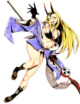  1girl absurdres bare_shoulders bikini black_bikini blonde_hair blue_kimono breasts facial_mark fate/grand_order fate_(series) forehead forehead_mark hair_pulled_back highres horns ibaraki_douji_(fate) ibaraki_douji_(swimsuit_lancer)_(fate) ibaraki_douji_(swimsuit_lancer)_(first_ascension)_(fate) japanese_clothes kimono long_hair long_sleeves looking_at_viewer minew naginata navel off_shoulder oni open_mouth polearm sandals short_kimono small_breasts solo swimsuit tattoo weapon wide_sleeves yellow_eyes 