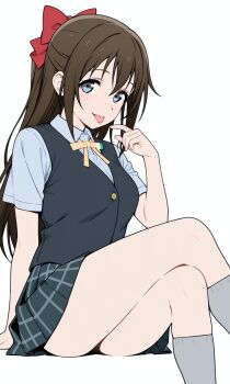  1girl :p black_vest blue_eyes blue_shirt bow breasts brown_hair commentary crossed_legs dania7x dot_nose dress_shirt green_skirt grey_socks hair_bow hand_on_ground hand_up highres long_hair looking_at_viewer love_live! love_live!_nijigasaki_high_school_idol_club medium_breasts miniskirt neck_ribbon nijigasaki_school_uniform oikawa_shizuku red_bow ribbon school_uniform shirt skirt socks solo straight_hair tareme thighs tongue tongue_out vest yellow_ribbon 
