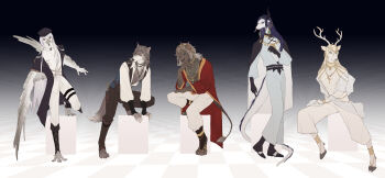  5boys absurdres alkaid_mcgrath alkaid_mcgrath_(spirit_world) anklet antlers aqua_eyes arm_support ayn_alwyn ayn_alwyn_(spirit_world) bead_necklace beads bird_boy black_background black_boots black_cape black_coat black_gloves black_hair black_hat black_horns black_leg_warmers black_pants black_sash black_vest blonde_hair blue_eyes blue_hair boots braid bridal_legwear cael_anselm cael_anselm_(spirit_world) cape checkered_floor chinese_commentary circlet clarence_clayden clarence_clayden_(spirit_world) closed_mouth coat collared_shirt crescent crescent_necklace curtained_hair dagger deer_antlers deer_boy dragon_boy dragon_horns earrings full_body furrification furry furry_male gear_earrings gloves gold_necklace gradient_background green_eyes grey_hair hair_between_eyes hair_over_shoulder hand_on_own_chin hat head_chain highres hoop_earrings hooves horns jacket jewelry knife lars_rorschach leg_warmers lineup lion_boy long_hair long_hair_between_eyes long_sleeves looking_at_viewer lovebrush_chronicles male_focus medium_hair mole mole_under_eye monocle multiple_boys multiple_necklaces necklace nil_lars open_clothes open_robe pants parted_bangs partially_unbuttoned peaked_cap purple_eyes red_eyes red_robe robe sash see-through_clothes see-through_shawl shawl sheath sheathed shirt single_braid single_horn sitting standing stool tail thigh_strap uneven_footing vest waist_sash weapon white_hair white_jacket white_pants white_robe white_shawl white_shirt winged_arms wings wolf_boy wu_yang 