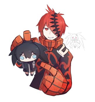  1boy 2girls black_hair black_hoodie black_rock_shooter black_rock_shooter_(character) black_rock_shooter_(game) blue_eyes chibi flame_print gloves highres hood hoodie long_hair mazuma mehyuew39 multiple_girls red_eyes red_gloves red_hair sharp_teeth short_hair stella_(black_rock_shooter) teeth twintails white_background white_rock_shooter 