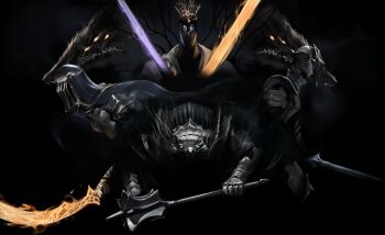  1boy 1girl 1other armor asymmetrical_dual_wielding blue_eyes boreal_outrider_knight coif commentary_request crown dancer_of_the_boreal_valley dark_souls_(series) dark_souls_iii darkness dokomon dual_wielding fire flaming_sword flaming_weapon full_armor gauntlets helmet highres holding holding_mace holding_weapon knight korean_commentary looking_afar looking_at_viewer mace masked monster pontiff_sulyvahn sharp_teeth sulyvahn's_beast sword teeth upper_body vordt_of_the_boreal_valley weapon 