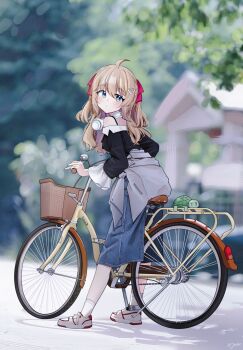  1girl ahoge bicycle black_shirt blue_eyes blue_pants blurry brown_hair chinese_commentary closed_mouth clothes_around_waist commentary cruiser_bicycle day denim depth_of_field from_behind full_body hair_between_eyes hair_ornament hair_ribbon headphones heart heart_hair_ornament highres jacket jacket_around_waist jestor_(277661503) long_hair long_sleeves looking_back neuro-sama off-shoulder_shirt off_shoulder outdoors pants red_ribbon ribbon riding riding_bicycle shirt shoes sneakers socks spaghetti_strap tree turtle vedal987 vedal_ai virtual_youtuber white_shoes white_socks wide_sleeves 