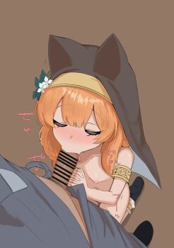  1boy 1girl animal_ears armlet blue_archive blush bobby_socks breasts brown_background censored closed_eyes clothed_male_nude_female erection fox_ears from_above hetero hood interlocked_fingers jewelry kneeling loli long_hair male_pubic_hair mari_(blue_archive) mary_janes mz_(ltge3238) nipples nude open_fly orange_hair penis pubic_hair shoes small_breasts socks 