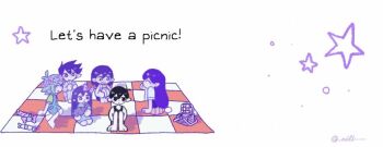  2girls 4boys aubrey_(headspace)_(omori) aubrey_(omori) barefoot basil_(headspace)_(omori) basil_(omori) black_tank_top blue_overalls blue_shirt bow bright_pupils brother_and_sister brothers checkered_blanket checkered_clothes chibi chibi_only closed_eyes closed_mouth colored_skin commentary english_commentary english_text flower flower_wreath green_hair hair_bow head_wreath hero_(headspace)_(omori) hero_(omori) holding holding_stuffed_toy kel_(headspace)_(omori) kel_(omori) knees_up long_hair long_shirt long_sleeves mari_(headspace)_(omori) mari_(omori) mr._plantegg_(omori) multiple_boys multiple_girls nill_(nill) omori omori_(omori) open_mouth overall_shorts overalls pajamas pants parted_lips picnic_basket picnic_blanket pink_bow pleated_skirt purple_eyes purple_hair purple_shorts purple_sweater_vest red_skirt seiza shirt short_hair short_sleeves shorts siblings simple_background sitting skirt smile striped_clothes striped_pajamas striped_pants stuffed_animal stuffed_eggplant stuffed_toy sweater_vest t-shirt tank_top twitter_username vertical-striped_clothes vertical-striped_pajamas vertical-striped_pants white_background white_pupils white_shirt white_skin 