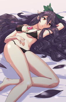  1girl :o alternate_costume arm_behind_head bare_arms bare_legs barefoot bikini bird_girl bird_wings black_bikini black_feathers black_hair black_wings bow breasts breasts_apart commentary_request double-parted_bangs feathered_wings feathers green_bow hair_between_eyes hair_bow hand_on_own_stomach highres jack_(wkm74959) large_breasts long_hair looking_at_viewer lying navel on_back open_mouth red_eyes reiuji_utsuho solo stomach swimsuit touhou wings 