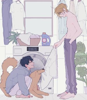  2boys a_co_pi animal armor ash_lynx banana_fish barefoot basket blonde_hair blue_hoodie breastplate closed_mouth commentary_request dog from_side golden_retriever grey_pants holding holding_shirt holding_towel holding_unworn_clothes hood hood_down hoodie indoors long_sleeves looking_down male_focus multiple_boys okumura_eiji pants plant potted_plant shirt squatting striped_clothes striped_pants topless_male towel unworn_shirt vertical-striped_clothes vertical-striped_pants washing_machine white_shirt window 