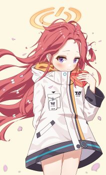  1girl absurdres arm_behind_back blue_archive blurry blush bow box chinese_commentary closed_mouth commentary_request cowboy_shot depth_of_field forehead hair_bow halo heart-shaped_box highres holding holding_box jacket long_hair long_sleeves looking_at_viewer millennium_science_school_logo multiple_hair_bows nongsuo_youzi orange_halo petals pink_petals purple_eyes red_hair smile solo standing very_long_hair white_bow white_jacket yellow_background yuzu_(blue_archive)  rating:General score:4 user:danbooru