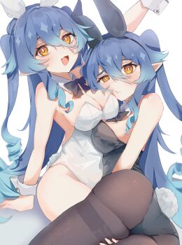 2girls absurdres animal_ear_hairband animal_ears black_hairband black_leotard black_pantyhose blue_hair bright_pupils cheek_press detached_collar dual_persona fake_animal_ears fake_tail genshin_impact hairband highres layla_(genshin_impact) leotard long_hair looking_at_viewer multiple_girls nighttime_layla_(genshin_impact) open_mouth pantyhose playboy_bunny rabbit_ears rabbit_tail simple_background tail tuyumiso twintails white_background white_hairband white_leotard white_pupils wrist_cuffs yellow_eyes