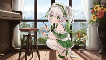  1girl absurdres alternate_costume bow bowtie commentary comodox cross-shaped_pupils detached_collar detached_sleeves dress english_commentary flower frilled_dress frills from_side genshin_impact gradient_hair green_bow green_bowtie green_dress green_eyes green_hair green_hairband green_shoes grey_hair hairband high_heels highres hip_ven indoors instrument large_variant_set looking_at_viewer maid_headdress multicolored_hair nahida_(genshin_impact) nail_polish open_mouth pantyhose piano pink_nails pointy_ears shoes short_dress side_ponytail sidelocks solo squatting stirrup_legwear streaked_hair symbol-shaped_pupils toeless_legwear variant_set vase white_pantyhose windowt wooden_floor 