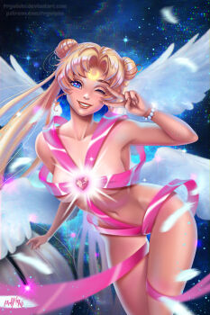  1girl ;d angel angel_wings arm_up armpits artist_name bare_shoulders bishoujo_senshi_sailor_moon blonde_hair blue_eyes blurry breasts brooch collarbone contrapposto cowboy_shot crescent crescent_earrings crescent_facial_mark depth_of_field double_bun earrings facial_mark feathered_wings female_focus fingernails foreshortening gem glowing hair_bun heart heart_brooch highres jewelry large_breasts long_hair looking_at_viewer naked_ribbon navel one_eye_closed open_mouth parted_bangs prywinko red_lips ribbon sailor_moon smile solo standing stomach thigh_gap tsukino_usagi twintails v v_over_eye very_long_hair watermark web_address white_wings wings  rating:Questionable score:66 user:danbooru