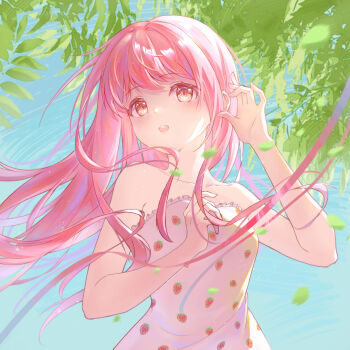  1girl absurdres bare_arms bare_shoulders blue_sky brown_eyes chinese_commentary collarbone commentary_request day dot_nose dress eyelashes food_print frilled_dress frills fruit_print hand_in_own_hair haohe_de_xiao_mizhou happy highres light_blush long_hair long_sidelocks nikki_(nikki) nikki_(series) nikki_up2u open_mouth outdoors pink_hair print_dress red_ribbon ribbon sidelocks sky smile solo strapless strapless_dress strawberry_print summer teeth upper_body upper_teeth_only very_long_hair wavy_hair white_dress willow wind 