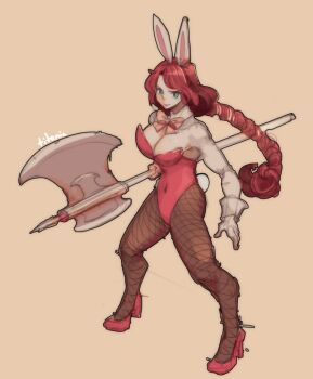  1girl alternate_costume animal_ears armpits axe bare_arms bare_shoulders bow bowtie braid braided_ponytail breasts bunny_day charmwitch covered_navel detached_collar fake_animal_ears fake_tail fire_emblem fire_emblem:_path_of_radiance fire_emblem:_radiant_dawn full_body green_eyes large_breasts leotard long_hair nintendo pink_bow pink_bowtie pink_leotard playboy_bunny rabbit_ears rabbit_tail red_hair standing tail titania_(fire_emblem) very_long_hair 