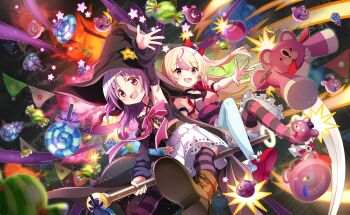  2girls armpits artist_request ashley_taylor asymmetrical_legwear bare_arms bare_shoulders belt belt_buckle black_cape black_choker black_hat black_shirt black_sleeves black_thighhighs blonde_hair bomb bomb_hair_ornament bone_hair_ornament boots bow bowtie brown_belt brown_boots buckle candy cape chest_jewel choker collarbone criss-cross_halter cropped_shirt detached_sleeves dot_nose explosion explosive eyelashes eyes_visible_through_hair floating_hair food frilled_footwear frilled_skirt frills full_body furrowed_brow garland_(decoration) gold_buckle hair_bow hair_ornament halftone halterneck hand_on_another's_hip happy hat hat_ornament high-waist_skirt highres holding holding_staff lace-up_boots light_blush light_particles lollipop long_hair long_sleeves looking_at_viewer loose_hair_strand magia_record:_mahou_shoujo_madoka_magica_gaiden magical_girl mahou_shoujo_madoka_magica mahou_shoujo_madoka_magica_magia_exedra mary_janes midriff miniskirt mismatched_legwear misono_karin multicolored_hair multiple_girls obi official_art one_side_up open_mouth outstretched_arm pink_bow pink_bowtie pink_eyes pink_hair pink_shirt pink_theme pleated_skirt print_skirt puffy_long_sleeves puffy_short_sleeves puffy_sleeves purple_hair purple_sash purple_thighhighs red_boots red_bow red_shoes red_skirt sash shirt shoes short_sleeves sitting skirt sleeveless sleeveless_shirt smile staff star_(symbol) star_hat_ornament star_print streaked_hair striped_clothes striped_thighhighs stuffed_animal stuffed_toy stuffing swept_bangs swirl_lollipop tareme teddy_bear thighhighs throwing two-sided_fabric two-sided_skirt two-tone_hair two-tone_thighhighs two_side_up white_skirt white_thighhighs witch's_labyrinth witch_hat 