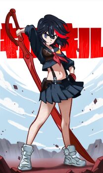  1girl black_eyes black_hair black_shirt black_skirt closed_mouth commentary cropped_shirt english_commentary full_body hair_between_eyes holding holding_sword holding_weapon ierdid kill_la_kill looking_at_viewer matoi_ryuuko midriff multicolored_hair navel neckerchief pleated_skirt red_hair red_neckerchief red_streaks school_uniform scissor_blade_(kill_la_kill) senketsu shirt shoes short_hair skirt smile streaked_hair suspender_skirt suspenders sword two-tone_hair weapon white_shoes 