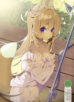  1girl absurdres animal_ears arm_under_breasts armpit_crease artist_name blonde_hair blouse breasts cleavage covered_erect_nipples cowboy_shot dengeki_moeoh dutch_angle fox_ears fox_girl fox_tail hair_between_eyes highres light_blush long_hair long_sleeves looking_at_viewer magazine_scan medium_breasts off-shoulder_shirt off_shoulder original p19 parted_lips pink_shirt purple_eyes scan see-through_clothes see-through_shirt shirt shower_head solo sylvie_(p19) tail third-party_source translation_request wet wet_clothes wet_hair wet_shirt 