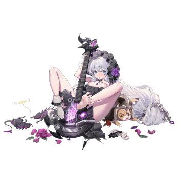  1girl :o @_@ ahoge bare_legs black_bow black_collar black_dress black_hairband blue_eyes blush bow breasts breasts_out broken_guitar collar dress electric_guitar fainting fang flower frilled_collar frilled_dress frilled_hairband frilled_socks frills full_body gothic_lolita guitar hairband halo hand_on_own_chest heart helm helmet highres holding holding_guitar holding_instrument instrument last_origin leaf lolita_fashion long_hair looking_at_viewer mel_(dodosae) mouse_(animal) nipples non-web_source official_alternate_costume official_art open_mouth petals pink_flower pink_petals pink_rose purple_flower purple_rose raccoon red_scarf rose rose_petals scarf sidelocks simple_background single_bare_foot single_sock sitting small_breasts socks solo soulworker star_(symbol) stella_unibell tachi-e tearing_up torn_clothes torn_scarf transparent_background unworn_socks very_long_hair white_hair white_socks wings 