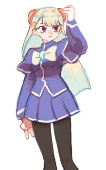  1girl arm_at_side black_pantyhose blue_shirt blue_skirt blunt_ends bow capcom_fighting_jam chest_bow closed_mouth feet_out_of_frame gan2 hairpods hand_up highres ingrid_(capcom) legs_apart long_hair long_sleeves miniskirt pantyhose pleated_skirt red_eyes shirt simple_background skirt solo standing street_fighter street_fighter_zero_(series) white_background white_bow white_hair 