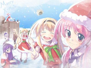 1boy 6+girls annoyed aoi_sena blonde_hair blush chaos;head christmas commentary drill_hair english_commentary excited fg204 hat highres kishimoto_ayase kusunoki_yua multiple_girls nishijou_nanami nishijou_takumi optaku orihara_kozue sakihata_rimi santa_costume santa_hat school_uniform science_adventure smile suimei_academy_school_uniform twin_drills v 