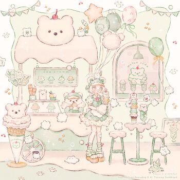  1girl 1other :o animal animal_ears animal_hands apron artist_name balloon bandaid bandaid_on_face bandaid_on_nose bear bear_ears bell buttons cherry collared_shirt colored_tips commentary_request dessert fake_animal_ears food food_stand fruit ghost gloves green_skirt green_vest holding holding_ice_cream_cone ice_cream ice_cream_bar ice_cream_cone ice_cream_cone_spill ice_cream_stand leg_warmers melon_soda menu multicolored_hair neck_ribbon original parted_lips pastel_colors paw_gloves platform_sandals polar_bear puffy_short_sleeves puffy_sleeves red_ribbon ribbon ryokuno_green sandals shirt shop short_hair short_sleeves skirt sparkle standing stool string_of_flags table vest visor_cap waist_apron wheel white_apron white_background white_hair wide_shot 