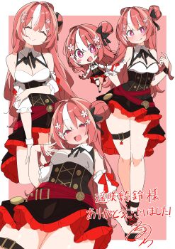  1girl :d :p absurdres akasaka_asa_(vtuber) bare_legs bare_shoulders belt black_dress black_ribbon blush blush_stickers border bright_pupils chibi closed_eyes closed_mouth commentary_request commission cowboy_shot cropped_legs detached_sleeves dress flower frilled_dress frilled_sleeves frills full_body hair_bun hair_flower hair_ornament hair_ribbon hand_on_own_arm heart heart_in_eye highres indie_virtual_youtuber looking_at_viewer multi-source_commentary multicolored_hair multiple_views neck_ribbon no_nose open_mouth outside_border partial_commentary pink_eyes red_background red_belt red_hair red_ribbon ribbon short_sleeves signature simple_background skeb_commission smile streaked_hair symbol_in_eye thank_you thigh_belt thigh_strap thighs tongue tongue_out underbust uruti_2388 virtual_youtuber white_border white_pupils white_sleeves white_streaks 
