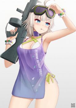  1girl aa-12 aa-12_(girls'_frontline) ahoge arm_up armpits bare_shoulders bikini bikini_under_clothes blue_eyes blush breasts commentary criss-cross_halter english_commentary english_text girls'_frontline girls'_frontline_2:_exilium goggles goggles_on_head green_bikini grey_background grey_hair gun halterneck hand_up highres holding holding_gun holding_weapon lind_(girls'_frontline_2) looking_to_the_side parted_lips prophosphere qr_code see-through_clothes shotgun side-tie_bikini_bottom simple_background small_breasts solo swimsuit trigger_discipline weapon white_bikini 