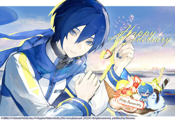  1boy absurdres blue_eyes blue_hair blue_scarf chinese_commentary closed_mouth coat commentary_request company_name copyright_notice cream crown food fruit guest_art hair_between_eyes happy_anniversary highres holding holding_spoon ice_cream_cone kaito_(vocaloid) looking_at_viewer male_focus official_art project_sekai scarf second-party_source shengdi_yage short_hair smile solo spoon starfruit strawberry vocaloid watermark web_address white_coat 