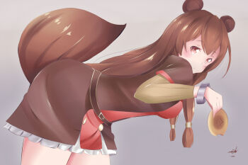  1girl alternate_color animal_ears artist_name belt bent_over blush breasts brown_belt brown_dress brown_hair child closed_mouth commentary cowboy_shot double-parted_bangs dress english_commentary food grey_background hair_between_eyes hair_tubes hand_up highres holding holding_food impossible_clothes impossible_dress layered_dress long_hair long_sleeves looking_at_viewer medium_breasts metal_hair_tubes metal_wrist_cuffs raccoon_ears raccoon_girl raccoon_tail raphtalia raphtalia_(young) red_dress red_eyes shikizhu short_dress short_sleeves signature solo split_mouth straight_hair tail tate_no_yuusha_no_nariagari thick_thighs thighs two-tone_dress white_trim yellow_dress 
