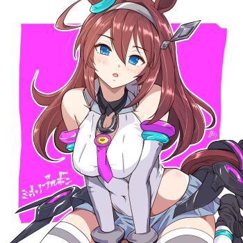  1girl ahoge animal_ears bare_shoulders blue_eyes blush breasts brown_hair collarbone commentary_request detached_sleeves grey_hairband grey_leotard grey_skirt grey_sleeves hair_between_eyes hairband highleg highleg_leotard highres horse_ears horse_girl horse_tail large_breasts leotard long_hair looking_at_viewer lowleg lowleg_skirt mihono_bourbon_(mb-19890425)_(umamusume) mihono_bourbon_(umamusume) necktie open_mouth panch4989new pink_necktie silver_hairband skirt solo tail thighhighs umamusume white_leotard white_thighhighs 