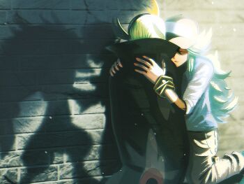  1other 2boys baseball_cap black_cloak black_hair black_shirt blonde_hair bracelet brick_wall brown_pants cloak closed_eyes commentary_request dappled_sunlight different_shadow dress_shirt drop_shadow evening facing_another fox gen_5_pokemon ghetsis_(pokemon) gold_bracelet green_hair hair_slicked_back hand_on_another's_shoulder hat high_collar highres hug jewelry kneeling leaning_on_person light_particles long_sidelocks low_ponytail male_focus multiple_boys n_(pokemon) nintendo on_ground outdoors pants pokemon pokemon_(creature) pokemon_bw2 ponytail rubik's_cube shirt shirt_under_shirt sidelocks sleeves_rolled_up sunlight wallet_chain white_shirt zero_(sleepy_meltan) zoroark 