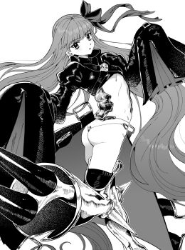  1girl ass bow breasts commentary_request crop_top expressionless fate/extra fate/extra_ccc fate/grand_order fate_(series) greyscale hair_bow highres hugotokane long_hair looking_at_viewer meltryllis_(fate) monochrome parted_lips sleeves_past_fingers sleeves_past_wrists small_breasts smile solo very_long_hair 