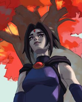 1girl autumn autumn_leaves black_cape black_hair breasts cape commentary dc_comics elaim forehead_jewel from_below highres leaf leotard looking_afar purple_leotard raven_(dc) short_hair solo teen_titans tree 
