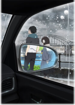  1boy 1girl antenna_hair black_hair black_pants bridge brown_hair building car cloud dress hand_in_pocket highres holding_own_hand key_visual kobato_jougorou long_sleeves motor_vehicle official_art osanai_yuki outdoors pants promotional_art rear-view_mirror sailor_collar scarf school_uniform shoushimin_series sky walking water water_drop winter winter_uniform 