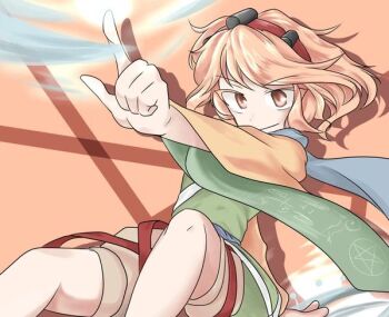  1other androgynous baggy_shorts bare_legs blue_scarf brown_shorts closed_mouth colored_eyelashes cowboy_shot dot_nose green_kimono hair_rollers hairband happy image_sample invisible_chair jandare japanese_clothes kimono knees leg_ribbon len'en long_sleeves looking_ahead magic non-web_source orange_background orange_eyes orange_hair orange_sleeves other_focus outstretched_arm pentagram pixiv_sample pointing print_sleeves red_eyes red_hairband ribbon scarf shadow short_hair shorts sitting smile solo spell two-sided_sleeves wavy_hair wide_sleeves zuifeng_tenkai 