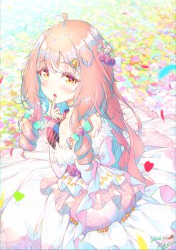  1boy ahoge androgynous ass blonde_hair blush bow chocolate dress flower hair_flower hair_ornament hand_on_own_face heart long_hair looking_at_viewer natsusora_wakana novady original outdoors short_hair star_(symbol) star_hair_ornament trap valentine_chocolate 