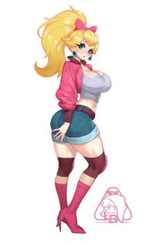  1girl breasts large_breasts little_blood mario_kart mario_kart_world official_alternate_costume princess_peach simple_background solo white_background  rating:Sensitive score:4 user:RIG