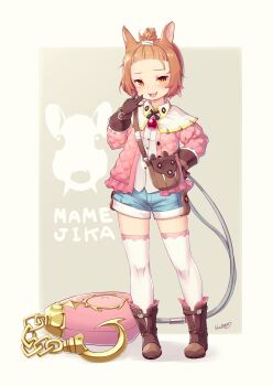  1girl animal_ears artist_name bag blueberry_(5959) brown_gloves brown_hair forehead gloves hair_pulled_back hand_on_own_hip hand_up handbag highres jacket looking_at_viewer original pink_jacket red:_pride_of_eden satchel short_hair short_shorts shorts standing thighhighs white_thighhighs zettai_ryouiki 