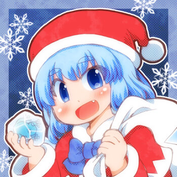  1girl alternate_costume blue_bow blue_bowtie blue_eyes blue_hair blush bow bowtie cirno commentary_request dress fang frozen_frog fur-trimmed_headwear fur-trimmed_sleeves fur_trim hat holding holding_sack long_sleeves matty_(zuwzi) medium_hair open_mouth red_dress red_hat sack santa_costume santa_dress santa_hat smile snowflakes solo touhou 