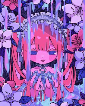  1girl @_@ absurdres blue_eyes cupping_hands flower frilled_hairband frills gothic_lolita hairband highres holding lolita_fashion long_hair original own_hands_together pink_hair straight-on teira_(ooxoo) tongue tongue_out twintails 