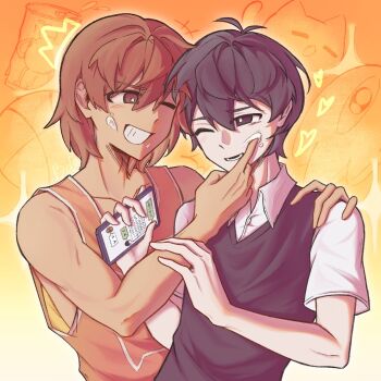  2boys ;d \||/ antenna_hair ball bare_arms bare_shoulders basketball_(object) black_eyes black_hair black_mouth black_sweater_vest bright_pupils brown_eyes brown_hair chinese_commentary collarbone collared_shirt commentary_request dark-skinned_male dark_skin double-parted_bangs drawn_crown eye_contact finger_to_another&#039;s_cheek food food_on_face gradient_background grin hair_behind_ear hair_between_eyes hand_on_another&#039;s_arm hand_on_another&#039;s_chin hand_on_another&#039;s_shoulder hands_up heart holding holding_phone kel_(faraway)_(omori) kel_(omori) looking_at_another lower_teeth_only male_focus mewo multiple_boys omori one_eye_closed open_mouth orange_background orange_joe_(omori) orange_tank_top outline phone qiaokelijiang312 shirt short_hair short_sleeves simple_background smile something_(omori) sparkle sunny_(omori) sweater_vest tank_top teeth toned toned_male two-tone_background upper_body v-shaped_eyebrows very_short_hair white_pupils white_shirt yellow_background yellow_outline 