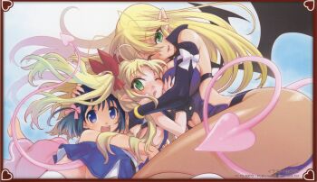 3girls absurdres ass astarotte_ygvar black_wings blonde_hair blue_dress blue_eyes blue_hair blue_skirt blush bow breasts camisole demon_girl dot_nose dress elbow_gloves female_focus flat_chest gloves green_eyes hair_bow hair_ribbon half-siblings highres kneehighs large_breasts legs loli long_glove long_hair looking_at_viewer lotte_no_omocha! medium_hair mercelida_ygvar mother_and_daughter multiple_girls no_bra official_art one-piece_dress one_eye_closed open_mouth pink_bow pink_camisole pink_dress pink_ribbon pink_tail pointy_ears purple_dress purple_gloves red_bow red_ribbon ribbon sexually_suggestive siblings sisters skirt sleeveless sleeveless_dress socks teeth thighhighs thighs touhara_asuha twintails very_long_hair white_thighhighs wings wink yoshii_dan zettai_ryouiki