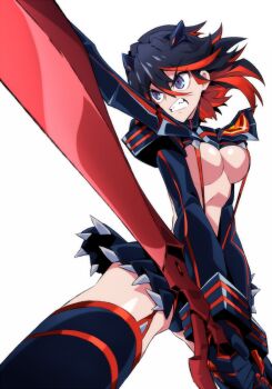  1girl black_gloves black_hair black_panties black_shrug black_skirt black_sleeves black_thighhighs blue_eyes breasts colored_inner_hair commentary_request garter_straps gloves holding holding_sword holding_weapon horns kill_la_kill large_breasts long_sleeves matoi_ryuuko multicolored_hair mutsuki_riichi panties red_hair revealing_clothes scissor_blade_(kill_la_kill) short_hair shrug_(clothing) skirt solo sparkle suspenders sword thighhighs two-tone_hair underboob underwear weapon 