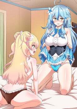  2girls ahoge averting_eyes bare_shoulders black_corset blonde_hair blouse blue_bow blue_bowtie blue_hair blue_panties blue_skirt blush bow bowtie braid breasts center_frills cleavage cleavage_cutout clothes_lift clothing_cutout colored_tips corset crossed_bangs double_bun elf fang flower frilled_shirt frilled_skirt frills fuyumi_kazuki green_eyes hair_between_eyes hair_bun hair_flower hair_ornament half_updo heart heart_ahoge highres hololive indoors large_breasts lifting_own_clothes long_hair looking_at_another looking_at_viewer momosuzu_nene multicolored_hair multiple_girls nipples on_bed open_mouth panties pleated_skirt pointy_ears red_panties shirt skirt skirt_lift sleeveless sleeveless_shirt smile snowflake_hair_ornament streaked_hair underwear very_long_hair virtual_youtuber white_shirt yellow_eyes yukihana_lamy  rating:Explicit score:124 user:danbooru