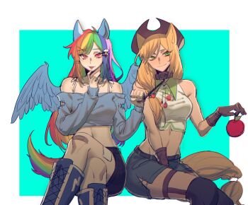  2girls ahoge animal_ears animification apple applejack bandaid bandaid_on_leg belt black_shorts black_thighhighs blonde_hair blue_background blue_boots blue_shirt blue_shorts boots border breasts brown_belt brown_gloves brown_hat chinese_commentary cloud_hair_ornament collar commentary_request cowboy_hat crossed_legs cutie_mark denim denim_shorts feathered_wings food fruit garter_straps gloves green_eyes hair_ornament hat highres holding holding_food holding_fruit holding_leash horse_ears horse_girl horse_tail leash lightning_bolt lightning_bolt_hair_ornament lightning_bolt_symbol long_hair long_sleeves looking_at_viewer low-tied_long_hair medium_breasts midriff multicolored_hair multiple_girls my_little_pony my_little_pony:_friendship_is_magic navel off-shoulder_shirt off_shoulder outside_border personification pink_eyes rainbow_dash rainbow_hair red_eyes shirt shorts si133710 sidelocks simple_background sitting sleeveless sleeveless_shirt smile tail tan thighhighs tongue tongue_out white_border white_shirt wings yuri 