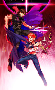  2boys black_keys_(type-moon) blood blood_on_face blood_on_clothes brown_hair denim emiya_shirou fate/stay_night fate_(series) fighting fighting_stance full_body heaven's_feel highres jeans kotomine_kirei looking_at_another male_focus multiple_boys outstretched_arm pants red_hair smile sunday31 torn_clothes yellow_eyes 